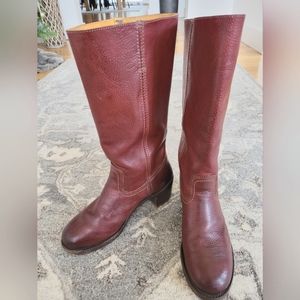FRYE CAMPUS 14L LEATHER MID-CALF RIDING BOOTS, 10 M, COGNAC / BURNT RED